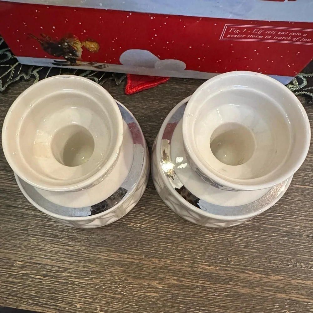 2 LENOX Porcelain Candle Holders Echo Collection Platinum USA Taper Votive